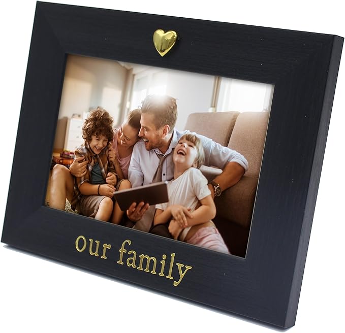 MIMOSA MOMENTS "Our Family Black 4x6 Picture Frame with Gold Heart Ornament, Tabletop Display, Family Photo Frame for Home Decor, Gift for Housewarming, Christmas, Home Keepsake