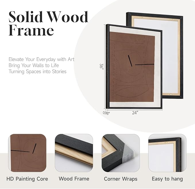 Framed Brown Abstract Wall Art for Living Room, 3 Piece Large Black and White Modern Canvas Artwork for Walls, Neutral Brown Abstract Prints Pictures Paintings Stairway Hallway Wall Decor, 24x36 Inch