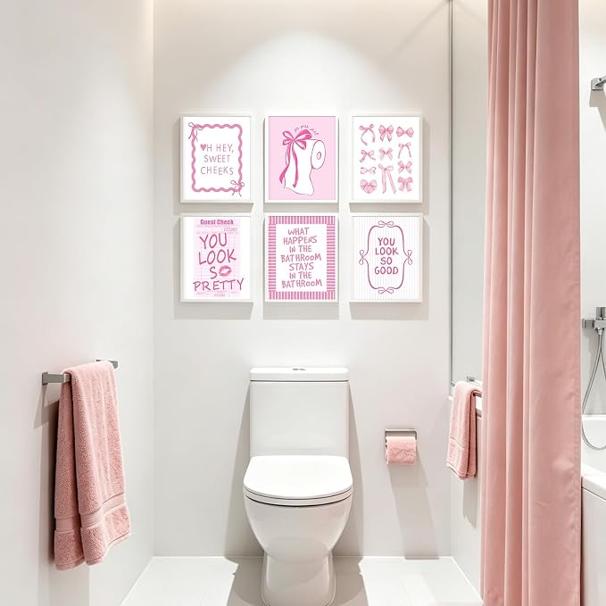 Pink Bow Bathroom Wall Art Decor Girl Coquette Posters Preppy Cute Pictures | Girly Bathroom Canvas Wall Art Pink Bowknot Aesthetic Poster Toilet Paper Prints for Washroom Restroom 8x10x6 Inch Unframed