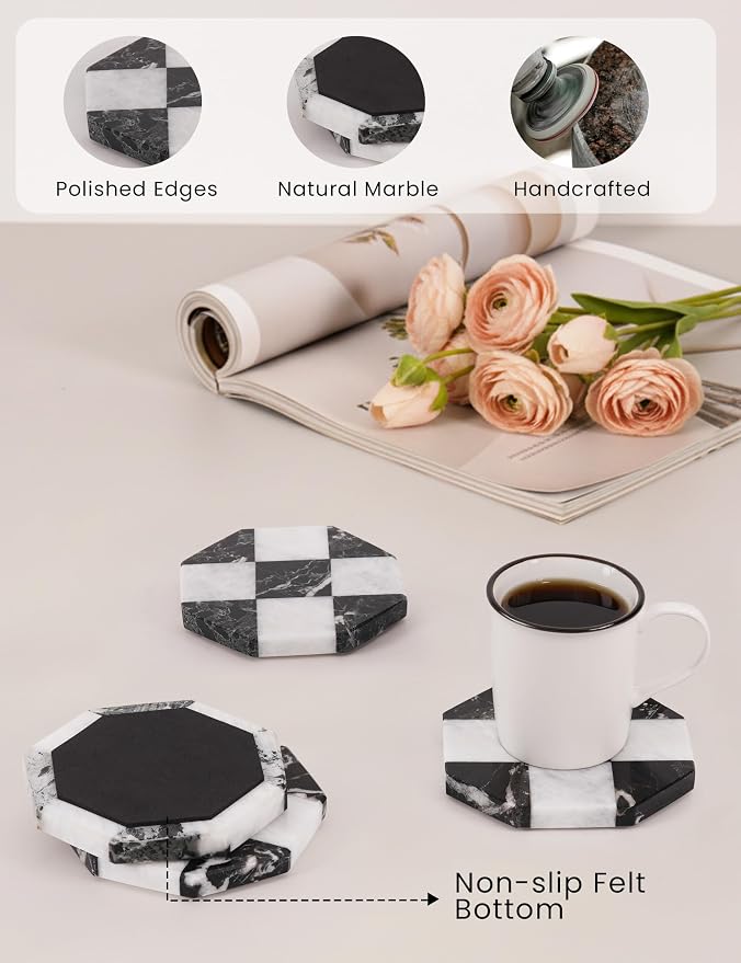 Marble Coasters Set of 4, Zebra Black & White Handmade 4 inch Star Checkered Stone Coaster, Drink Coasters for Living Room, Trendy Office Desk Accessories & Home Décor