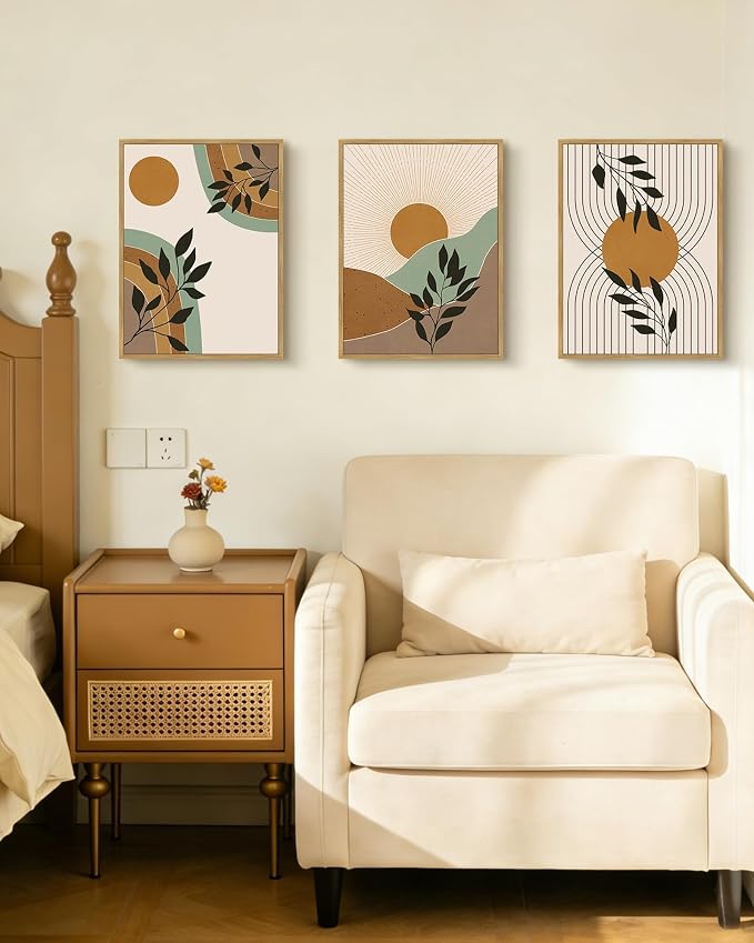 PHOPAGO Boho Abstract Wall Art Botanical Mid Century Modern Framed Wall Printing Neutral Geometric Prints Bohemain Sage Decor for Farmhouse Kitchen - 11x14in Natural Framed