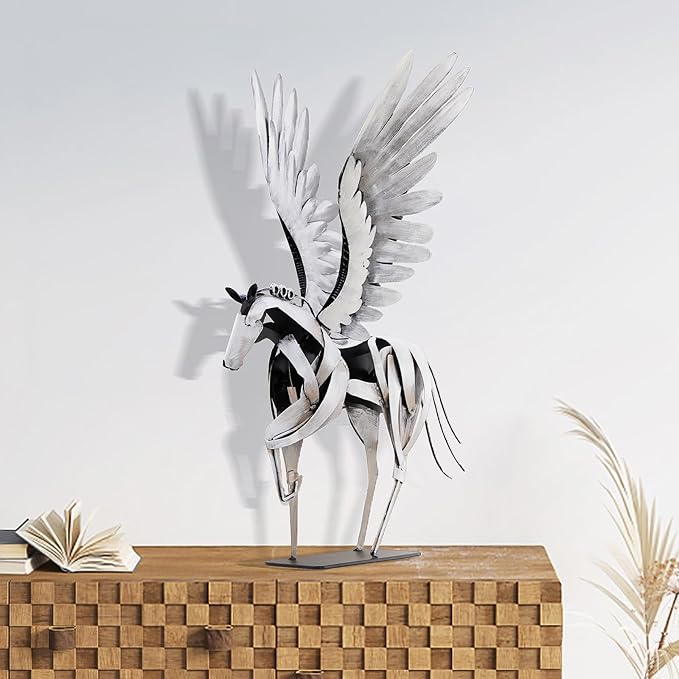 SunBlogs Art Horse Statue Décor Artwork, 24" H Handmade Metal Pegasus Greek Flying Horse Sculpture, Hand-Painted Animal Figurines for Home Living Room Office (Vintage White with Wings)