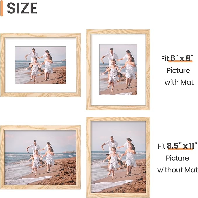 upsimples 8.5 By 11 Picture Frame, Display Pictures 6x8 with Mat or 8.5 x 11 Without, Wall Hanging Photo Frames, Natural, 1 Pack