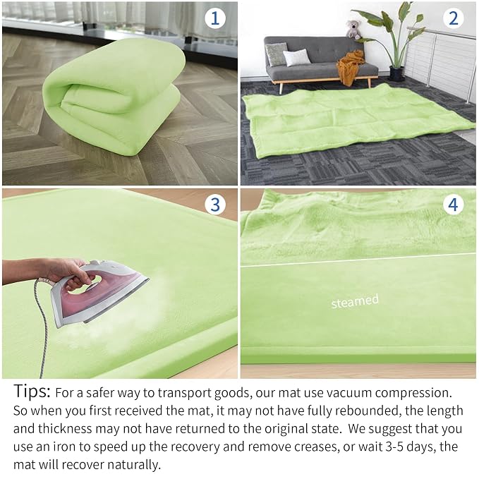 Huloo Sleep Baby Play Mat for Floor,1.3"Thick Elasti-Foam 50x50 Playpen Mat for Toddlers Infant kids,Water-Repellent Soft Velvet for Tummy Time,Non-Slip Backing for Crawling,Tatami Style(Light Green)
