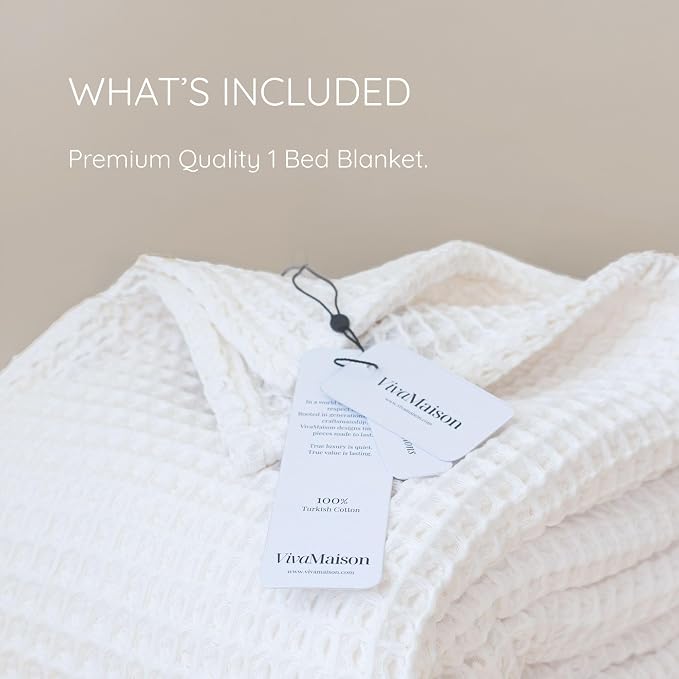 100% Turkish Cotton Waffle Throw Blanket King Size White - Premium Quality, Light and Airy Waffle Weave All-Season Quilt - Lux Decorative Bedspread (White, King Size 95" x 110" Inch)