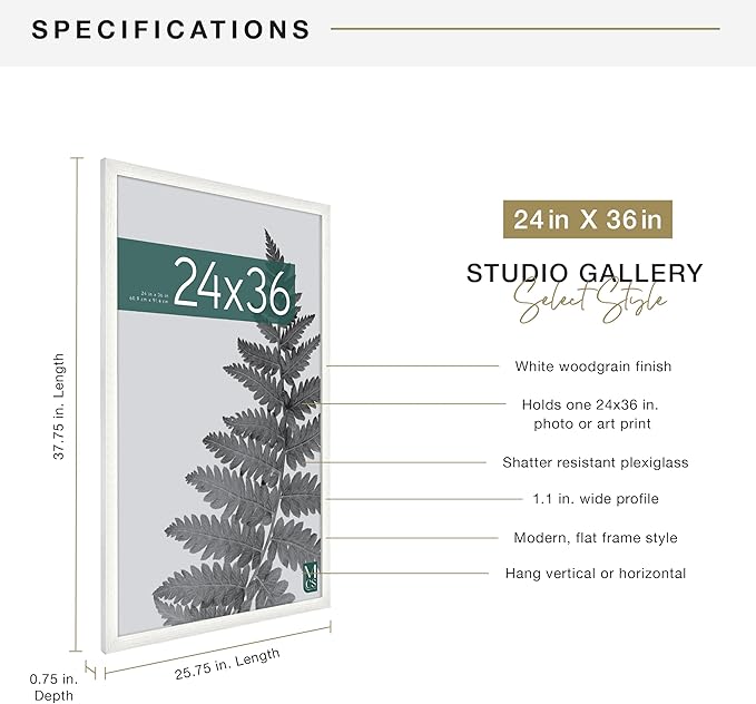 MCS Studio Gallery 24x36 Poster Frame White Woodgrain Engineered Wood, Vertical & Horizontal Wall Hanging Large Picture Frame for Photos, Posters & Art Prints (1-Pack)