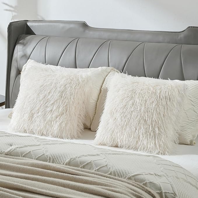 FUTEI Pack of 2 Shaggy Mongolian Faux Wool Throw Pillow Covers 18x18 Inch Soft Decorative Cushion Case for Couch Bed Living Room, Cream White