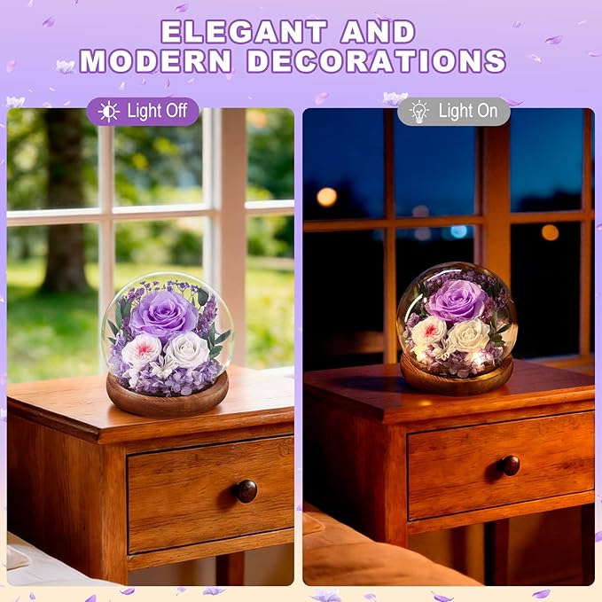 FIACO Gifts for Mom Birthday Gifts Women Preserved Flowers in Glass Dome Forever Flowers for Delivery Prime Purple Eternal Roses Mothers Day Birthday for Grandma Sister Daughter Wife Her Girlfriend