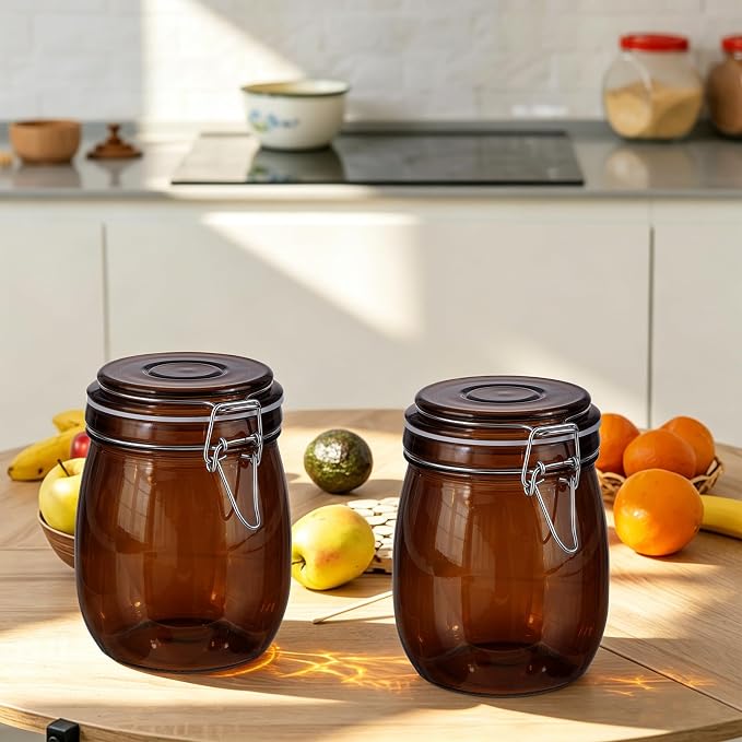 Norme 6 Pack 25oz Amber Airtight Glass Jars with Lids, Round Food Storage Container Airtight Food Wire Clip Fastening for Sauerkraut Flour Kitchen Sugar Cereal Kitchen Canning Pickling Mason Jars