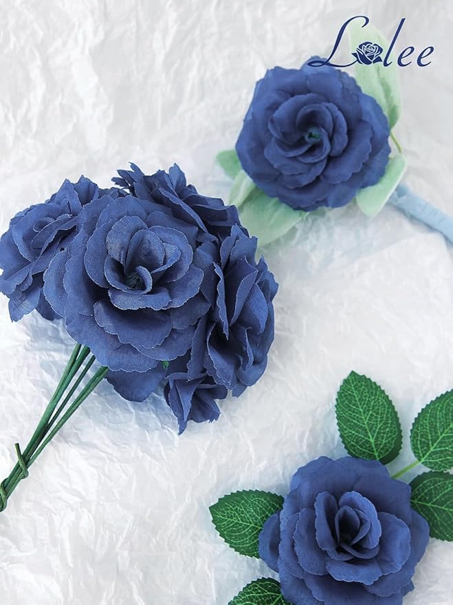 LELEE 108 Pcs Artificial Flowers Fake Silk Roses Long Stem Rose Bouquet Wedding Party Home Decor for DIY Baby Shower Centerpieces Tables Home Decorations(Navy Blue)