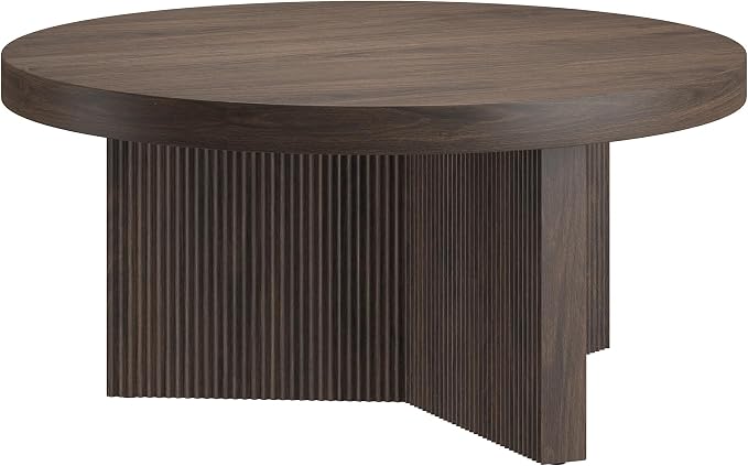 Henn&Hart 32" Fluted Round Low-Profile Coffee Table with Ribbed Pedestal Base Living Room, Family Room, Office, or Apartment, Rich Brown