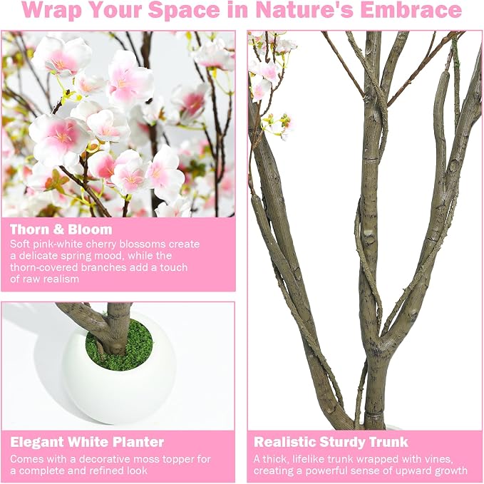 Caxchiling Artificial Cherry Blossom Tree 5FT, Pink Faux Floor Tree | Ball-Shaped Pot with Moss Topper, Lifelike Faux Tree for Home Office, Living Room, Bedroom, Doorway and Hallway Decor