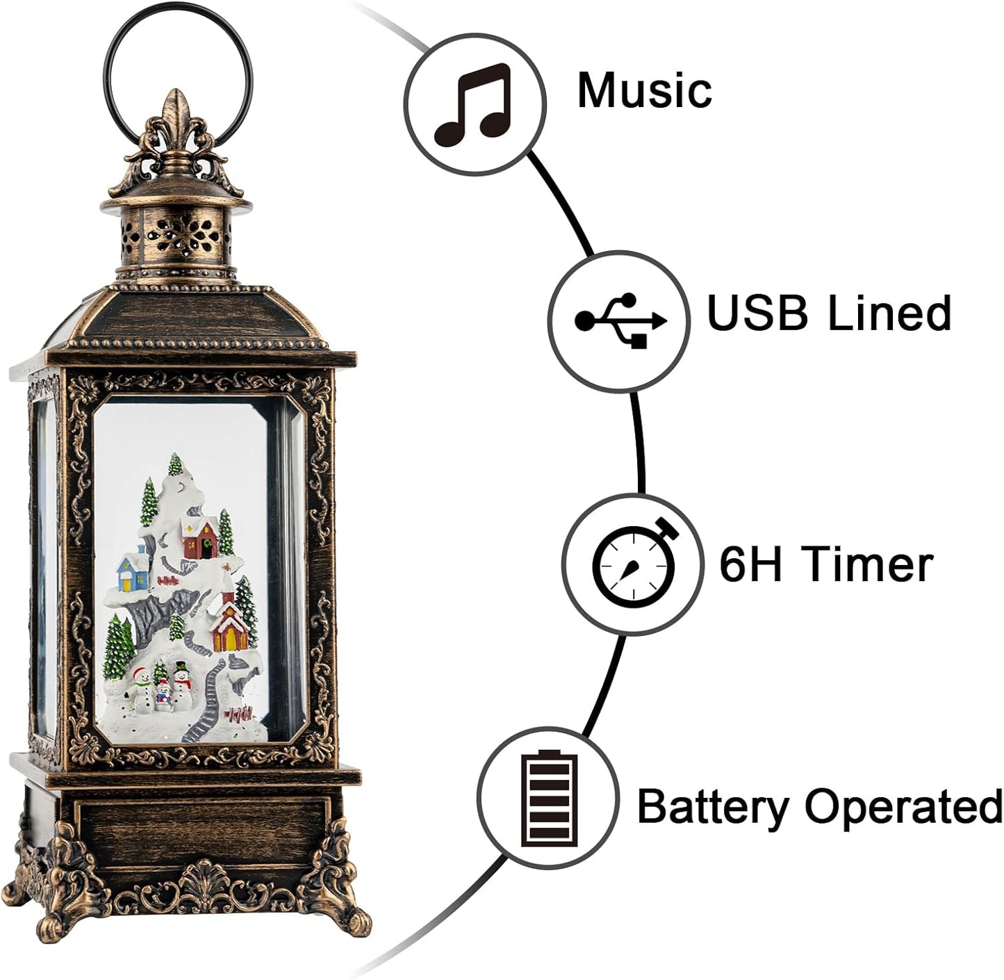 Christmas Village Buildings Snow Globe Lantern Water Glittering Snowman Family with Music & Timer, USB Lined/Battery Operated Lighted Lantern for Christmas Festival Decoration Gifts