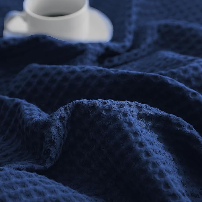 PHF Pre-Washed 100% Cotton Waffle Weave Throw Blanket for Couch, Lightweight Breathable Bed Blanket for Spring Summer, Snag Proof Machine Washable, Home Decor Gift - Navy Blue/Bright Blue