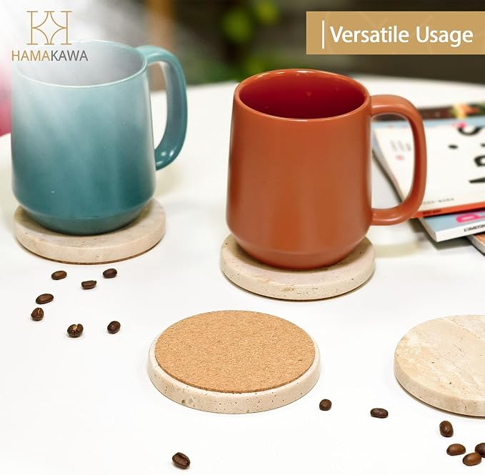 Turkish Natural Marble Coasters Set of 4, Round Travertine Coasters 4 inch, Beige Stone Drink Coaster for Home Decor, Coffee Table, Office