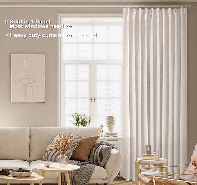 Vision Home Natural Pinch Pleated Full Blackout Curtains Linen Blended Room Darkening Window Curtains 102 inch for Living Room Bedroom Thermal Insulated Pinch Pleat Drapes with Hooks 60" Wx102 Lx1