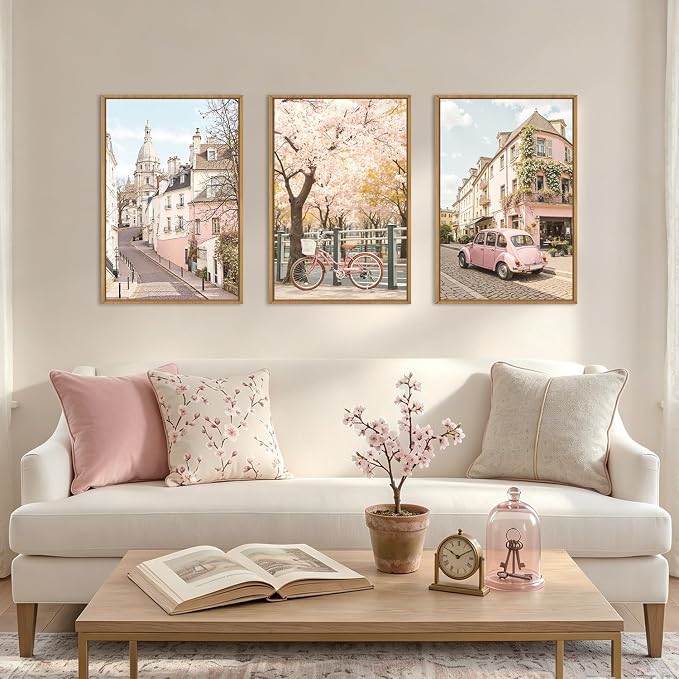 Italy Pink Cityscape Framed Canvas Wall Art Set, Romantic Flower Street Wall Decor, Vintage Travel City Wall Painting, Italian Pink Bike Art Prints for Living Room, Bedroom, Office - 16"X24"X3