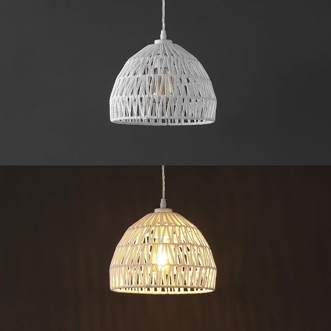 JONATHAN Y 10.25" White Modern Bohemian Woven Rope LED Pendant Light Fixture, Adjustable Dome Ceiling Lamp for Kitchen Island, Rope Shade, Coastal Farmhouse Decor (JYL6513A)