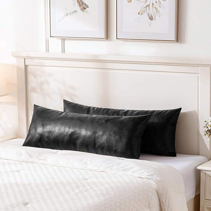 Fancy Homi Black Boho Long Lumbar Faux Leather Body Decorative Throw Pillow Cover 14x36 Inch for Bedroom Couch Bed Sofa Bench, Thick Stylish Solid Square PillowCase, Rustic Modern Farmhouse Room Decor