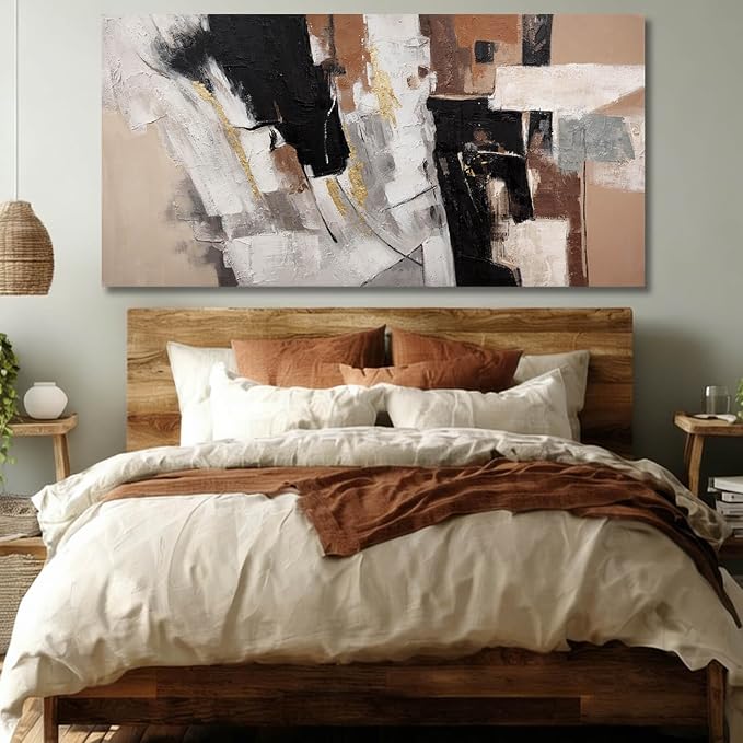 MLART99 Large Abstract Canvas Wall Art Black White Gold and Brown Geometric Painting Textured Modern Artwork for Bedroom Living Room Home Decor 29x58 Inch