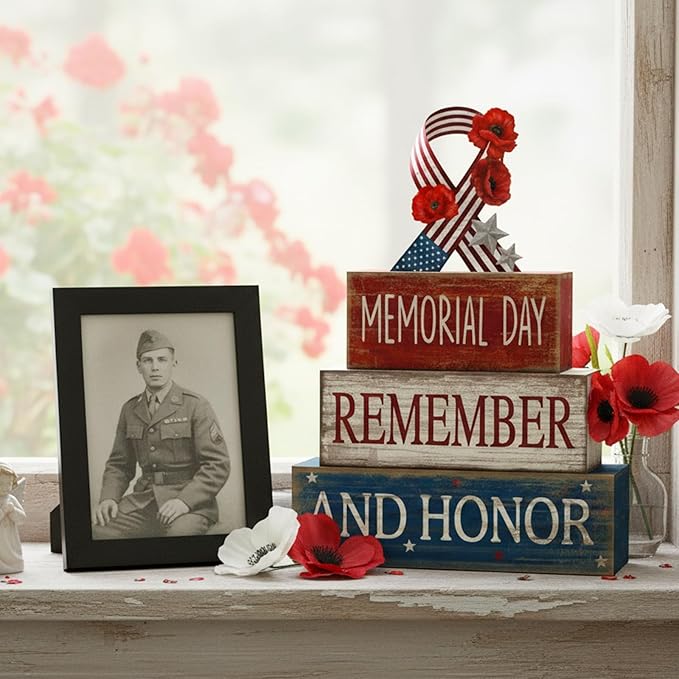 CroBlissful 4 Pcs Memorial Day Decorations Patriotic Remember Tabletop Decorations Star Ribbon Red White Blue 4th of July Table Centerpieces Sign for Office Tiered Tray Home Shelf 250th Anniversary