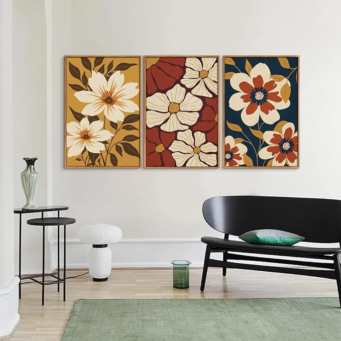 Rantodecor Large Vintage Floral Framed Canvas Wall Art Set, Mid Century Modern Wall Decor, Minimalist Retro Flowers Art Paintings, Beige Neutral Botanical for Bedroom Living Room Office 24"x36"x3