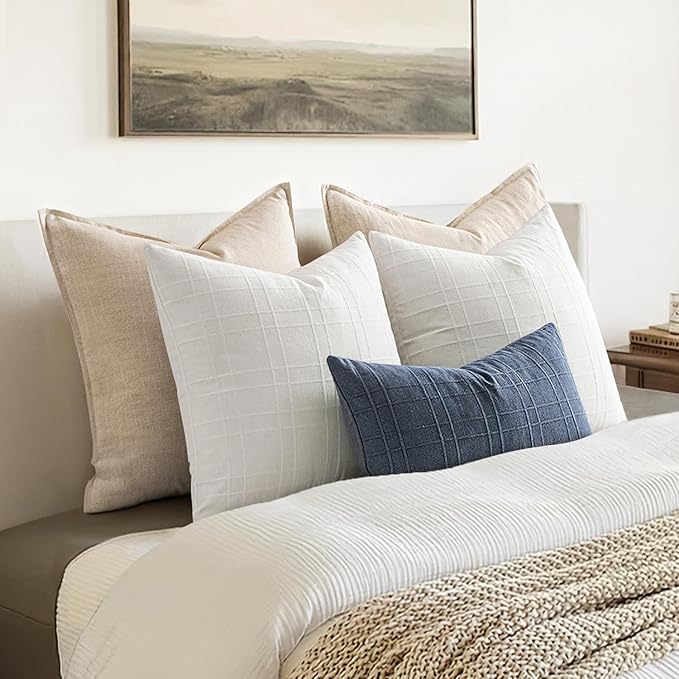 MIULEE Decorative Linen Check Euro Shams Throw Pillow Covers Neutral Farmhouse Vintage Pillow Covers 26x26 Set of 2 Boho Modern Home Decor for Sofa Couch Bedroom Cushion Cream White