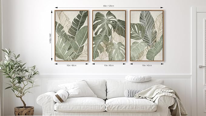 Large Framed Canvas Wall Art - Natural Float Framed Green Plantain Leaves Pictures Decor Brown Leaf Lines Painting Prints Rustic Botanical Artwork for Bedroom Living Room Decoration 48" X 24" Set of 3
