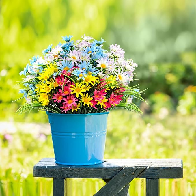 4 Bundles Artificial Large Daisy Fake Plants Flowers Faux Silk Wildflowers Bouquet Outdoor UV Resistant for Home Decor Indoor Outside Garden Front Porch Planters Decoration (Multi Color)