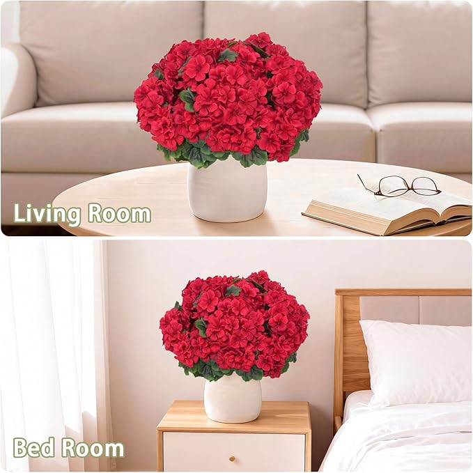 8 Pcs Artificial Geraniums Flowers for Outdoor Spring Summer Decor - UV-Resistant & Realistic Silk Faux Plants for Garden Porch Patio Yard Balcony Home Kitchen Table Centerpieces Decoration, Red