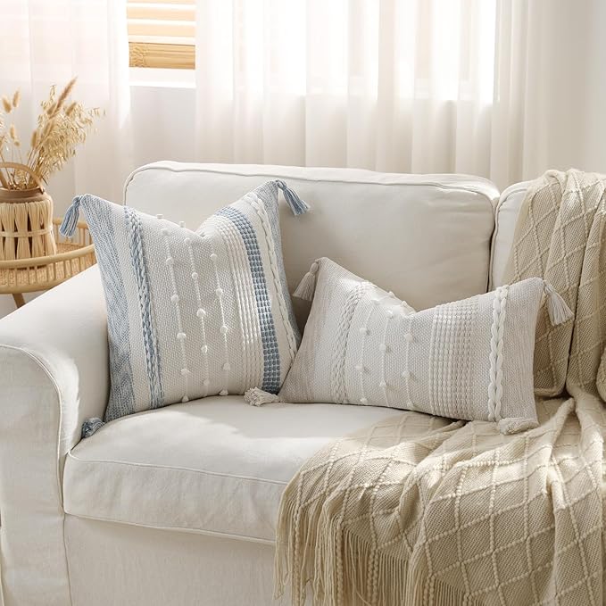 DEZENE Boho Pillow Cover 18x18 Coastal Blue - Handmade Woven Textured Throw Pillow Case with Cordings & Tassels, Decorative Accent for Couch Sofa Bed Farmhouse Living Room Bedroom Home Decor