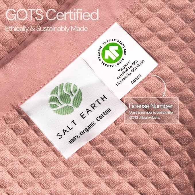 Salt Earth GOTS Certified 100% Organic Cotton Throw Blanket, 108"x90" Waffle Blankets & Throws for Bed, Throw Blanket for Couch, Cozy Christmas Blankets and Throws for Christmas Gifts (Misty Rose)