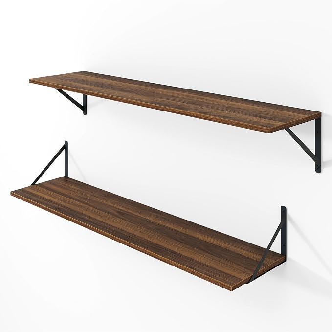 Vivelove 8 Inch Deep Floating Shelves for Wall, 36W x 8D Wood Wall Shelves Set of 2, Walnut Wide Floating Bookshelf for Living Room, Kitchen, Office, Bedroom, with Black Metal Bracke - Walnut