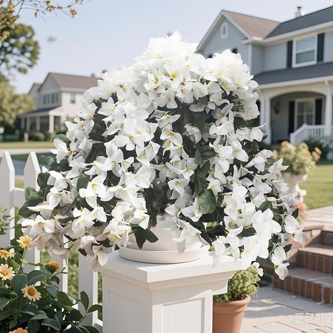 Grunyia Artificial White Bougainvillea Vine, 4 Pcs UV Resistant Fake Flowers Trailing Plant, Realistic Silk Leaves for Outdoor/Indoor Decor, Hanging Basket Wedding Arch Garden Home Decoration(White)