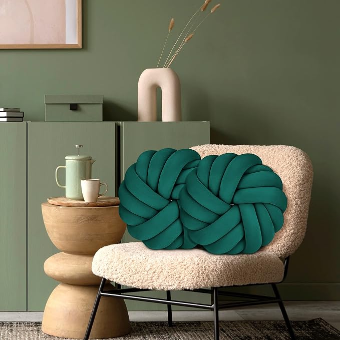 Fumete 2 Pcs 14 Inches Knot Pillow Round Throw Soft Plush Knot Ball Pillow Handmade Knotted Modern Home Decorative Cushion for Bed Bedroom, Sofa, Couch (Green)