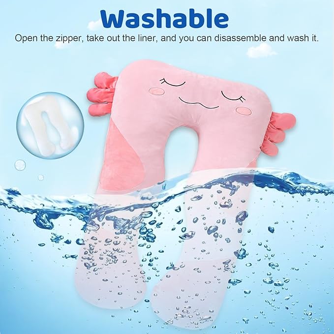 47x23 inch U Shaped Long Plush Body Pillows for Kids, Stuffed Animal Axolotl Soft Large Pillow for Sleeping, Big Cute Plushies, Washable Cover, Gift for Boys and Girls