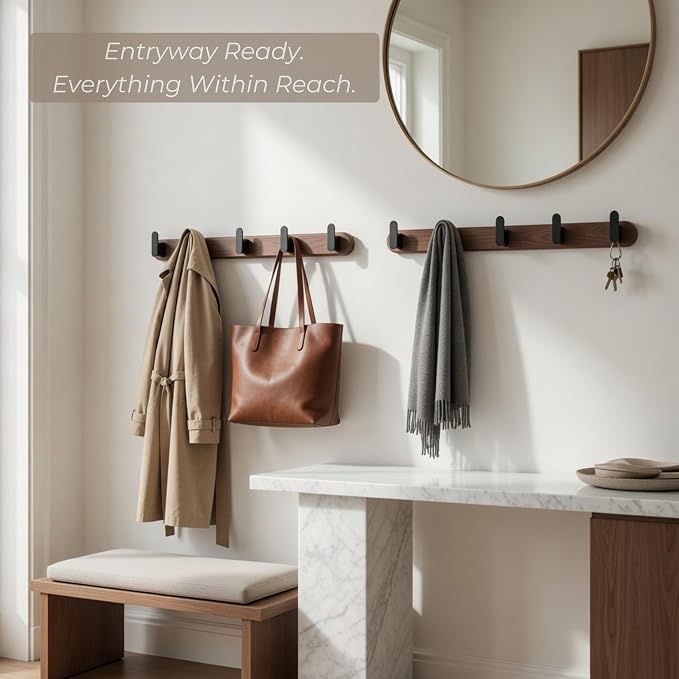 Jugen Coat Rack Wall Mount – Solid Black Walnut with 5 Heavy Duty Matte Black Hooks, Wooden Wall Coat Rack for Entryway, Coats, Hats & Bags - 19.7in, No Drill Adhesive or Hidden Screw Mount (2)