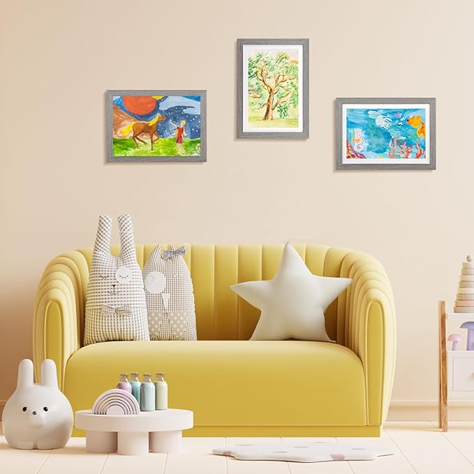 KINLINK A4 Kids Art Frame Set of 2, Solid Wood Kids Artwork Frames Changeable with Front Opening hold 150 Pictures, Art Frames for Kids Art with Mat，without Mat A4 Picture Frame Grey