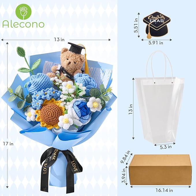 Alecono Crochet Flower Bouquet, Blue Handmade Graduation Bouquet for Class of 2026, Knitted Flowers for Friends Graduation Teacher's Day Anniversary Birthday Gifts (with Card)