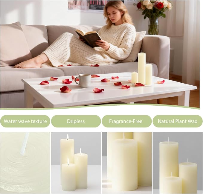 72 Pack Ivory Pillar Candles Bulk Set, 2x3 2x4 2x6 Inch - 24 Each Size, Dripless Smokeless Clean Burning for Wedding Centerpieces, Home Decor, Church, Romantic Ambiance！
