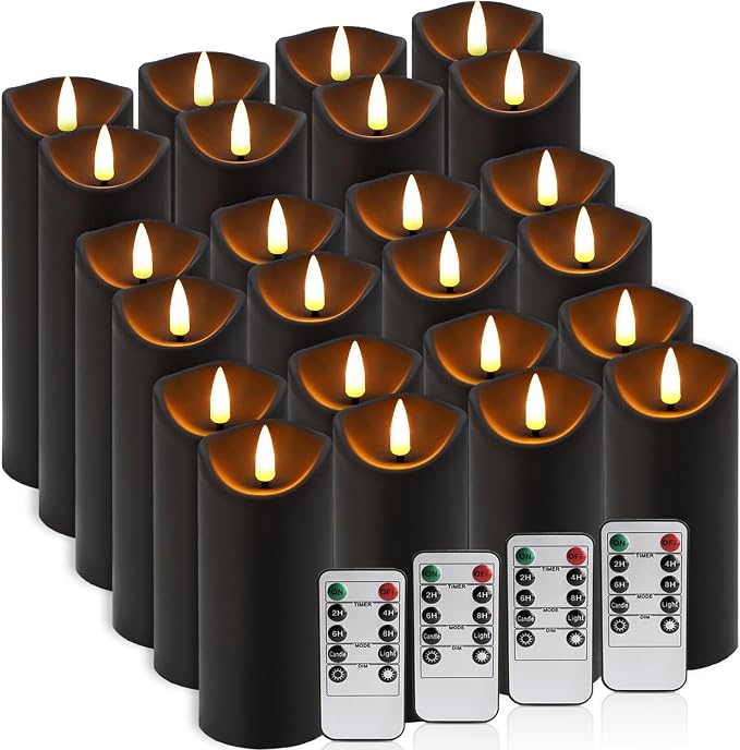 24 Pack Black Halloween Decoration Flickering Flameless Candles(D2.2 xH 5" 6" 7"), Battery Operated LED Pillar Candles with Remote Control and Timer,for Home Decor.
