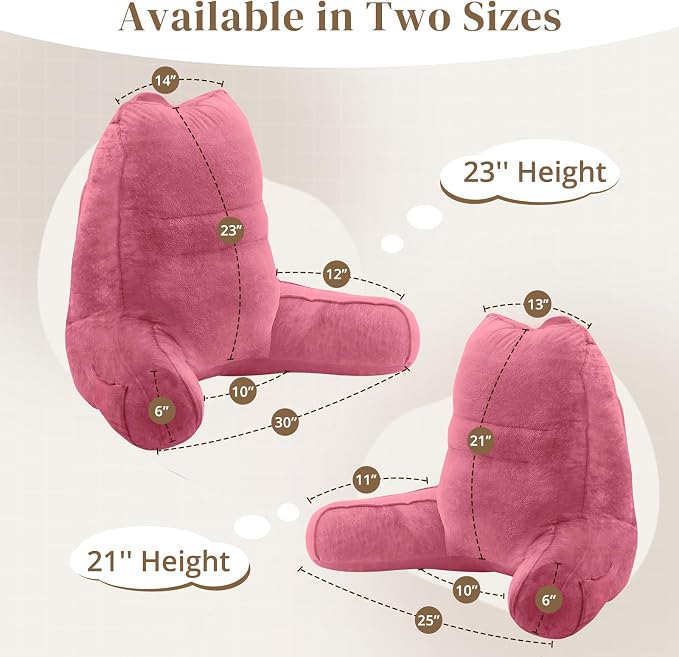Sasttie Reading Pillow for Bed - 23 Inch, Back Pillow for Bed Sitting Up, Back-Rest Support Cushion with Side Pockets and Arms, Dorm Essentials, Oeko-Tex Certified, Rose Pink