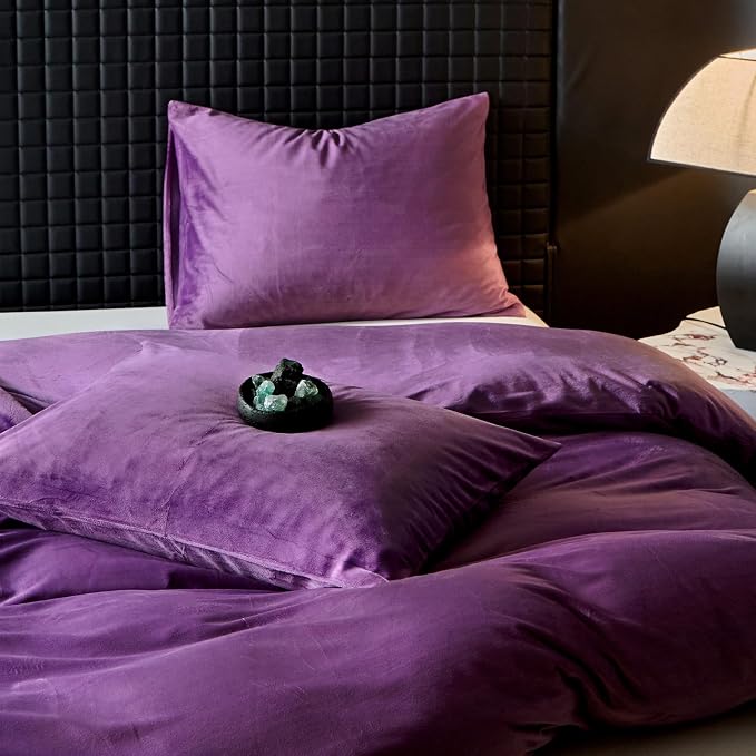 WARMDERN Purple Flannel Velvet Duvet Cover Queen Size Duvet Cover Bedding Sets, 3pcs Ultra Soft Luxury Textured Modern Crystal Velvet Duvet Covers with Zipper Closure(Purple, Queen)