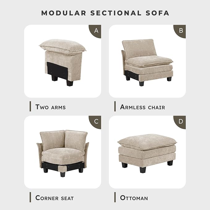 Lexicon Modular Sectional Sofa, Module for Sectional Couch, Armless Chair, Removable Cushion Cover, Soft Upholstery, Durable Frame, Customizable Comfort, Chenille Light Taupe