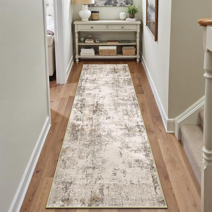 2x7 Washable Runner Rug Brown Grey Abstract Non Slip Soft Low Pile Hallway Kitchen Rug Neutral Modern Carpet for Laundry Bathroom Bedroom Living Room Home Decor