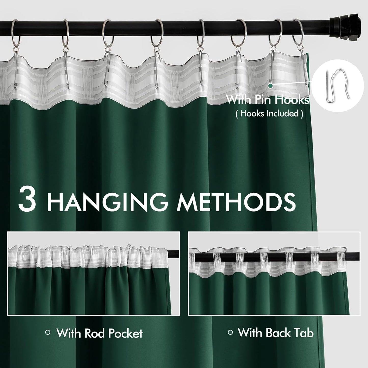 MIULEE Hunter Green Back Tab Blackout Curtain 96 Inch Long 2 Panels Set for Living Room Bedroom, Rod Pocket/Pinch Pleat Thermal Insulated Room Darkening Pleated Floor to Ceiling Drapes
