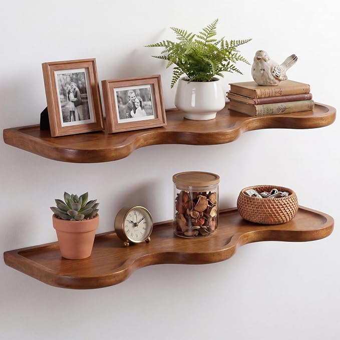 Pinkunn 2 Pcs Floating Shelves for Wall Wood Scalloped Floatings Shelf Live Edge Floating Shelves Modern Scalloped Mounted Shelf Farmhouse Wall Decor for Home Bedroom Kitchen(15.8" X 6", Wave, Walnut)