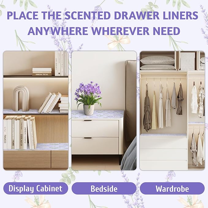 SCENTORINI Lavender Scented Drawer Liners for Dresser, 14.3 x 19.6 Inch 6 Sheets, Non-Adhesive Drawer Shelf Liners for Bedroom Dresser, Kitchen Cabinets, Home Shelf Closet