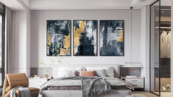 Large Framed Abstract Wall Art - Natural Frame Retro Canvas Pictures for Living Room Modern Canvas Prints Navy Blue for Bedroom, Black Float Frame Art for Home Office Kitchen Decor 24" X 36" X 3pcs
