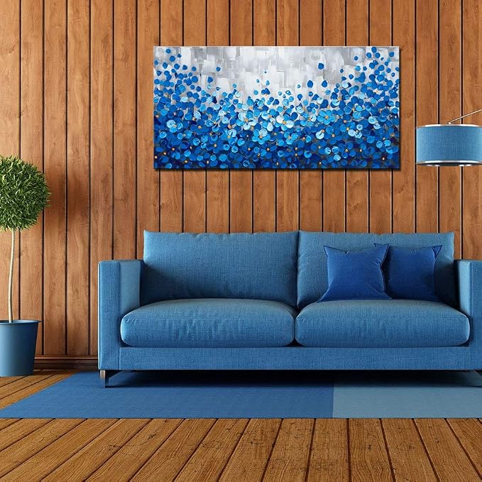 Blue Flower Canvas Wall Art 40x20 inch - Hand Painted Textured Oil Painting, Modern Framed Home Decor, Ready to Hang for Living Room, Bedroom, Office